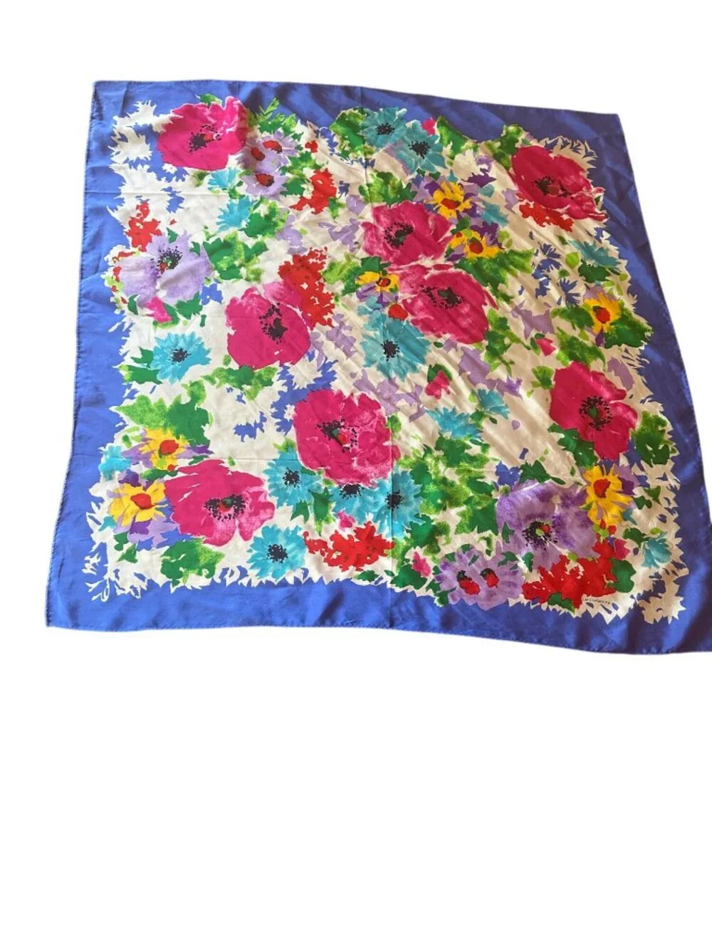 Liz Claiborne Scarf Blue Pink Floral‎ Print Square Silk Blend Vintage Neck Scarf